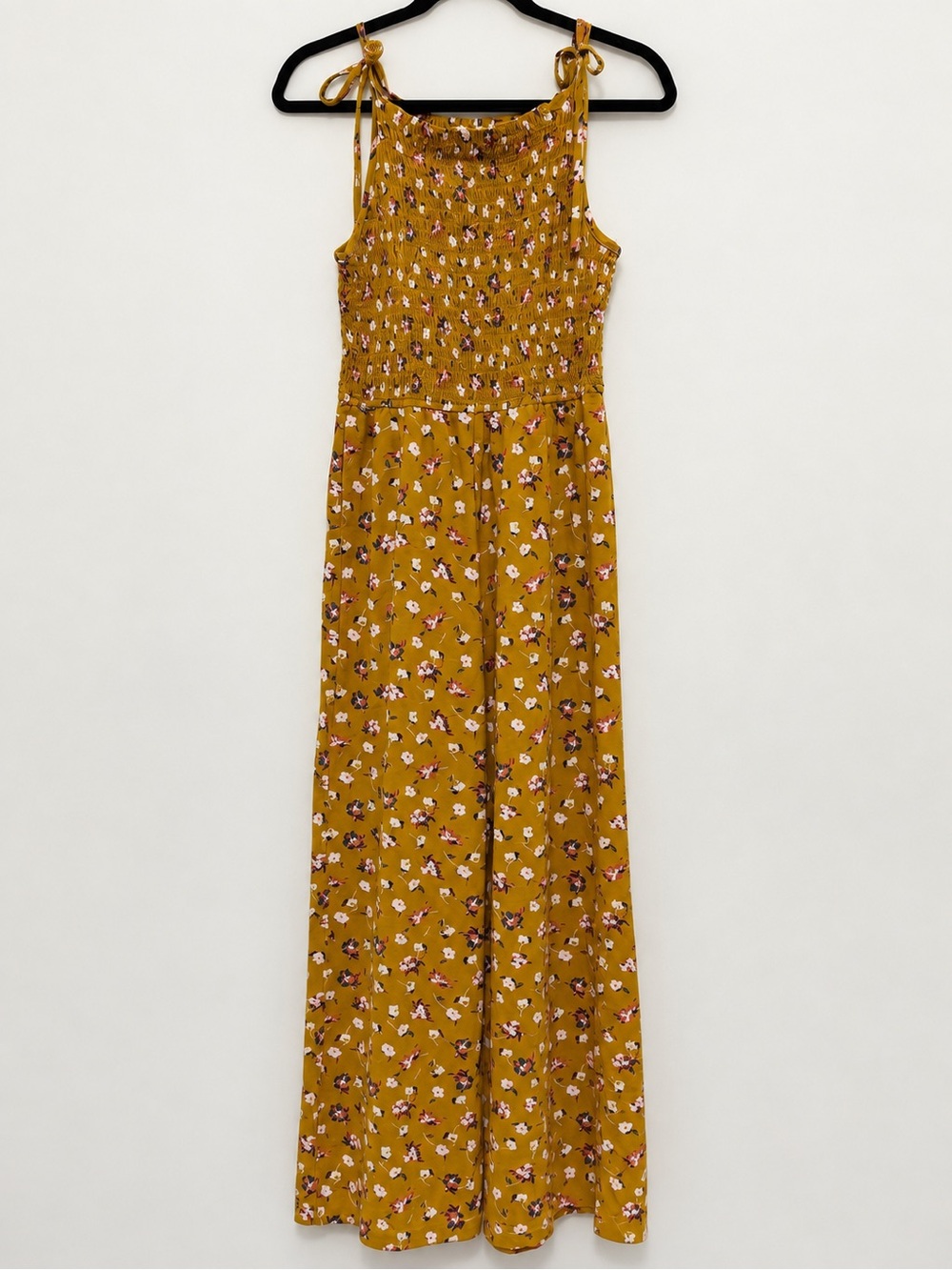 Pact Size Small Mustard Floral Jumpsuit Smocked Wide Leg Organic Cotton Boho